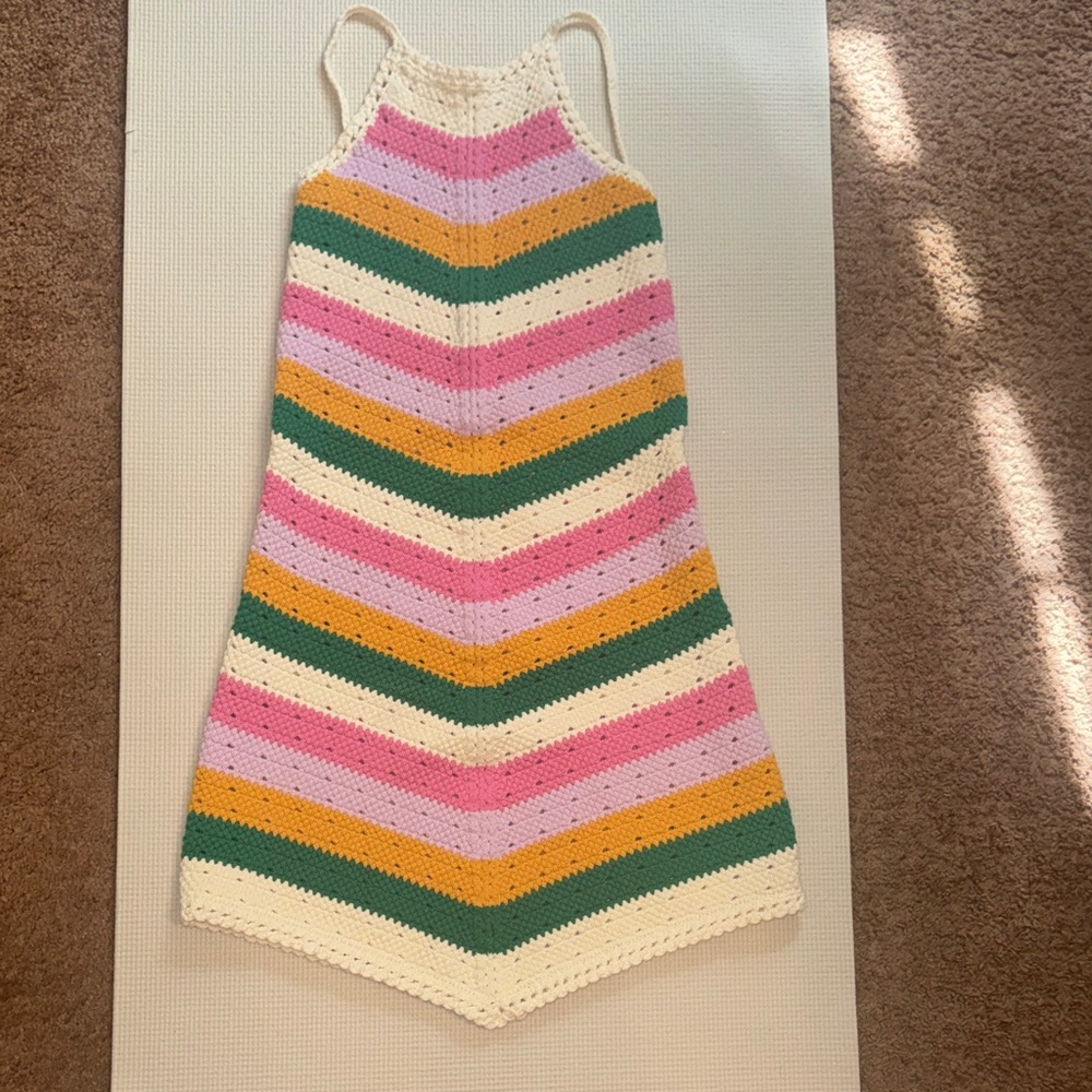 Maje Crocheted Chevron Striped Mini Dress in Pink, Green, Mustard & Cream